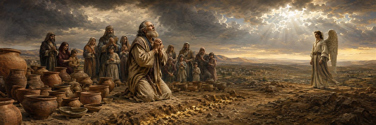 Ezra prays beside many clay vessels and a small measure of gold, pleading for fragile humanity